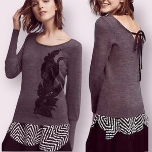 Anthropologie Angel of The North Tie Back Appliqué Front Wool Blend Sweater Gray